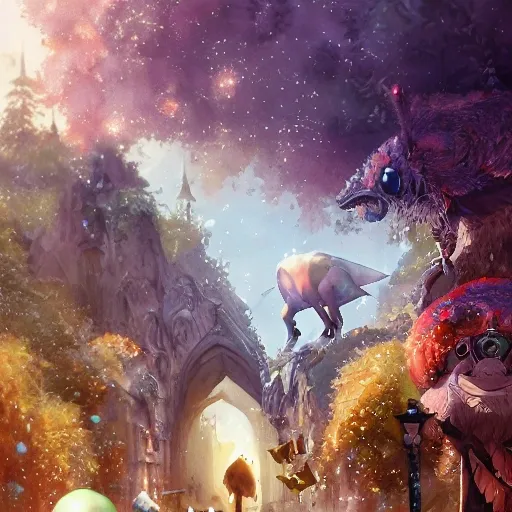 magical world filled with cute an kindful fantastical animals and children, where kindness and joy are celebrated, watercolor, warm colors, by greg rutkowski, iridescent accents, ray tracing, product lighting, sharp, smooth, masterpiece