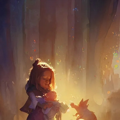 cute kindly fantasy characters playing with children, watercolor, warm colors, by greg rutkowski, iridescent accents, ray tracing, product lighting, sharp, smooth, masterpiece