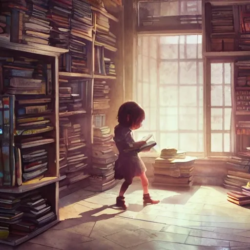 child in the office, exploring books, watercolor, warm colors, by greg rutkowski, iridescent accents, ray tracing, product lighting, sharp, smooth, masterpiece 