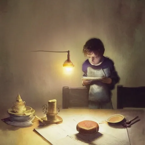 child at the table reading book, table light, watercolor, warm colors, by greg rutkowski, iridescent accents, ray tracing, product lighting, sharp, smooth, masterpiece