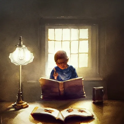 the child is sitting at the table and reading a book, there is a table lamp on the table, watercolor, warm colors, by greg rutkowski, iridescent accents, ray tracing, product lighting, sharp, smooth, masterpiece