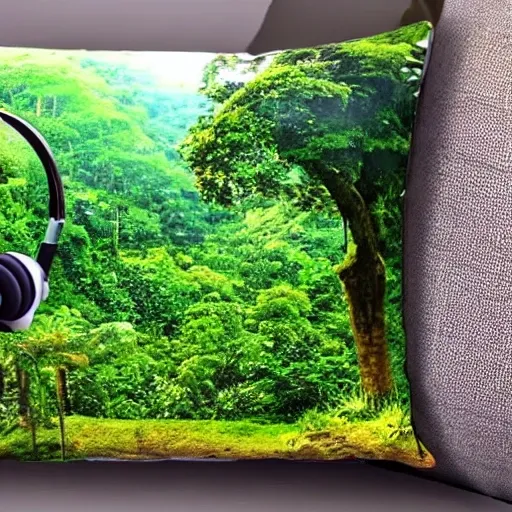 Relaxing cushion with headphone nearby, with view of rainforest outside window, night time 16:9, 3D.
For youtube rain video