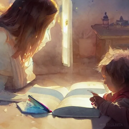 wise and gentle book interacting with a child, watercolor, warm colors, by greg rutkowski, iridescent accents, ray tracing, product lighting, sharp, smooth, masterpiece