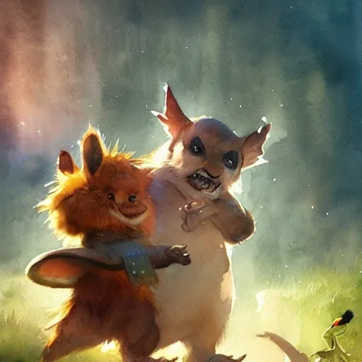 cute animal characters playing with children, watercolor, warm colors, by greg rutkowski, iridescent accents, ray tracing, product lighting, sharp, smooth, masterpiece