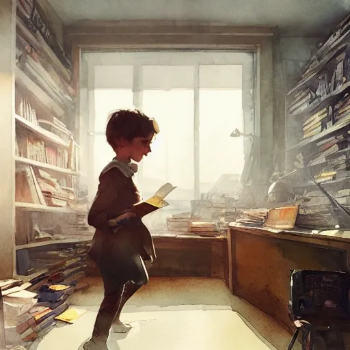 child in the office, exploring books, watercolor, warm colors, by greg rutkowski, iridescent accents, ray tracing, product lighting, sharp, smooth, masterpiece 