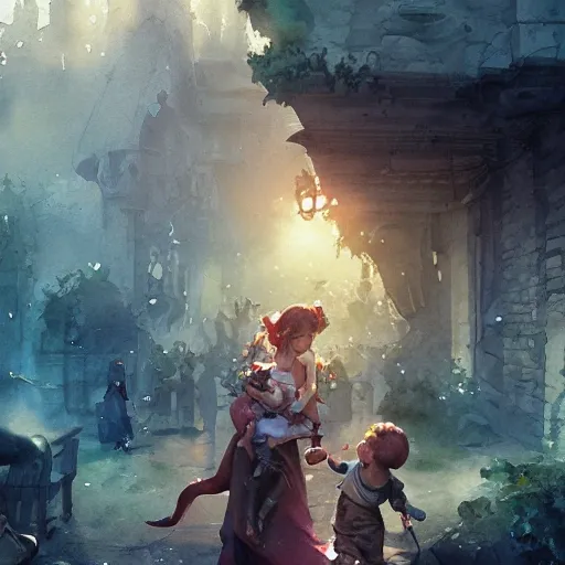 cute kindly fantasy characters playing with children, watercolor, warm colors, by greg rutkowski, iridescent accents, ray tracing, product lighting, sharp, smooth, masterpiece