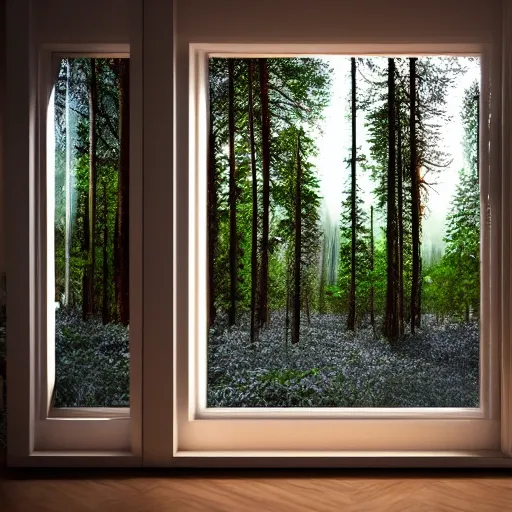 Classy room with big window, showing forest outside.
A 3D night time image with aspect ratio 16:9