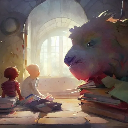 kind-hearted children's book, featuring joyful characters, watercolor, warm colors, by greg rutkowski, iridescent accents, ray tracing, product lighting, sharp, smooth, masterpiece
