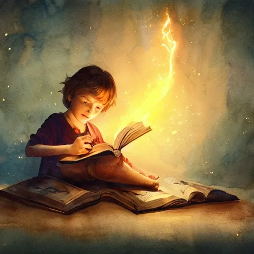 Illustration of a child holding a magical book, with glowing pages that animate and bring the story to life, watercolor, warm colors, by greg rutkowski, iridescent accents, ray tracing, product lighting, sharp, smooth, masterpiece