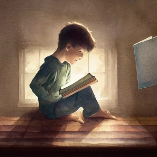 child sitting in a cozy nook, completely absorbed in a book as the illustrations animate around them, watercolor, warm colors, by greg rutkowski, iridescent accents, ray tracing, product lighting, sharp, smooth, masterpiece