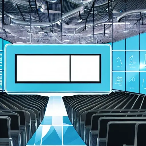 Create an illustration that captures a modern conference setting, the stage lit with spotlight, a large screen behind displaying a stylized AI icon. On stage, a speaker gestures towards the screen, the audience attentively listening. Intermingle the crowd with AI symbols such as robots or holographic screens, suggesting AI's integration into the work environment. The backdrop could subtly incorporate elements like a factory, an office, and a retail store to represent various sectors where AI is making a significant impact. Use a futuristic color scheme with bright blues and silvers to emphasize the high-tech theme.
