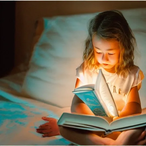a child holding a magical book, with glowing pages that bring the story to life, soft and gentle lighting, creating a serene and introspective mood