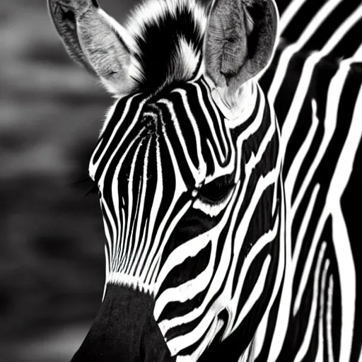 Zebra: Illustrate a human figure with the body of a zebra. The individual stands tall, their monochrome stripes contrasting with a serene, pastel-colored landscape. The face reflects a calm, tranquil expression.

