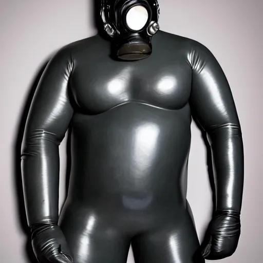 a tall muscle man in full rubber suit and gas mask 
