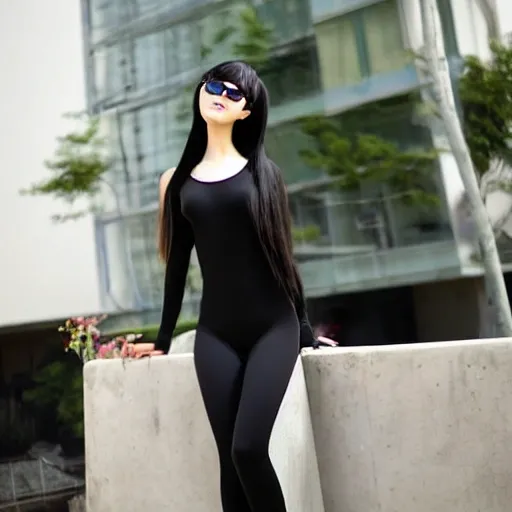 korean ulzzang girl, big glasses, black spandex zentai suit