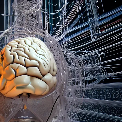 A complex 3d render of a beautiful porcelain human brain, with glowing details, ultra detailed, cyborg, robotic parts, 150 mm, beautiful studio soft light, rim light, vibrant details, luxurious cyberpunk, lace, hyperrealistic, cable electric wires, microchip, elegant, beautiful background, octane render, H. R. Giger style, 8k