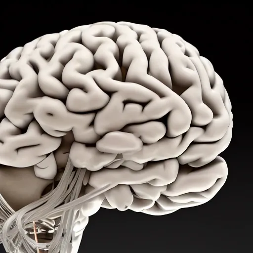 A complex 3d render of a beautiful porcelain human brain, with glowing details, ultra detailed, cyborg, robotic parts, 150 mm, beautiful studio soft light, rim light, vibrant details, luxurious cyberpunk, lace, hyperrealistic, cable electric wires, microchip, elegant, beautiful background, octane render, H. R. Giger style, 8k