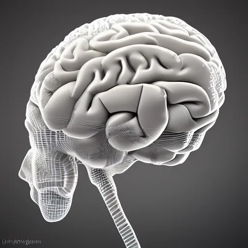 A complex 3d render of a beautiful porcelain human brain, with glowing details, ultra detailed, cyborg, robotic parts, 150 mm, beautiful studio soft light, rim light, vibrant details, luxurious cyberpunk, lace, hyperrealistic, cable electric wires, microchip, elegant, beautiful background, octane render, H. R. Giger style, 8k