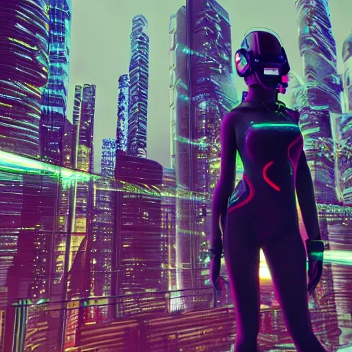 girl, sci-fi suit, cyberpunk cityscape