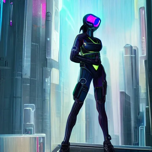 girl, sci-fi suit, cyberpunk cityscape