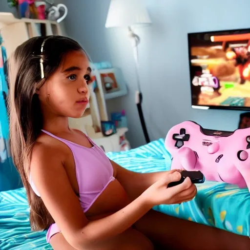 girl in a swimsuit playing video games in a messy room
