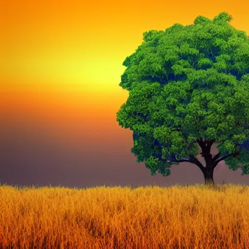 ((one tree with a blue trunk and shiny blue leaves)) in a country side with ((orange grass)) ((green sunset background)), 3D, highly detailed, 8k render, intrincated, minimalist style