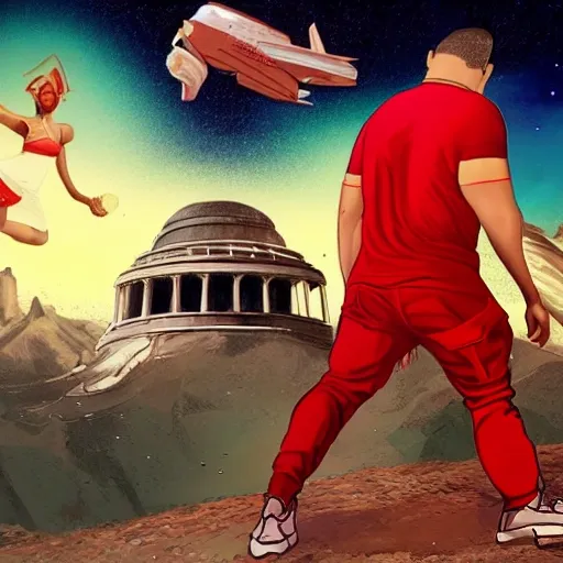 a 40-year-old man in a red t-shirt and sneakers talks falling from a galactic sky, in the background the statue of Nemesis, goddess of revenge, a plane, an obolo and coins falling from the sky., 3D