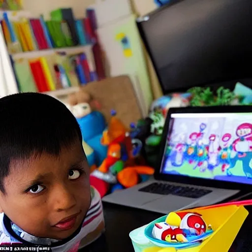 A little boy, looking at a pile of characters on the computer, was speechless as he spoke the words on the computer, Cartoon