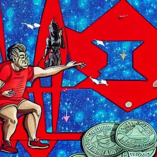 a 40-year-old man in a red t-shirt and sneakers talks falling from a galactic sky, in the background the statue of Nemesis, goddess of revenge, a plane, an obolo and coins falling from the sky., 3D, Trippy