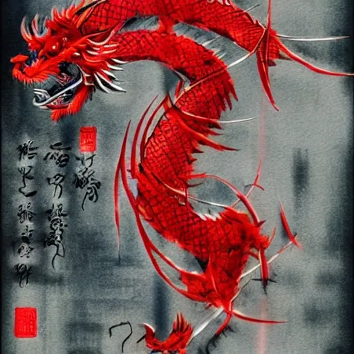 Red Japanese dragon, cyberpunk elements, white background, Japanese  watercolor technique.