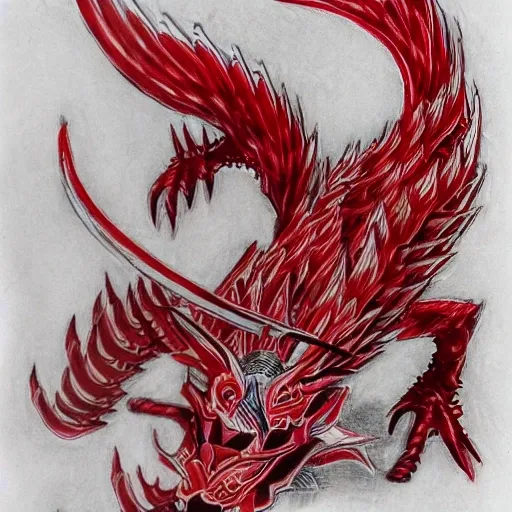 Red Japanese dragon, cyberpunk elements, white background, Pencil Sketch