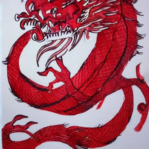 Red Japanese dragon, white background, , Water Color