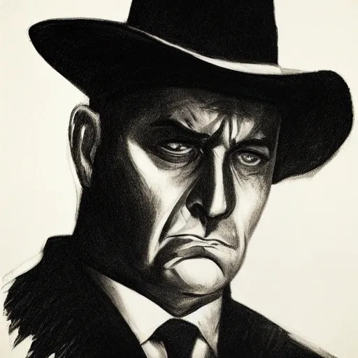 A noir-style portrait of a detective, drawn with pen and paper. The image features a strong focus on the character's face, with intricate details of the wrinkles and shadows enhancing the overall mood of the piece. The dynamic pose and angle of the character create a sense of action, with the overall composition reflecting a high-quality, award-winning piece.