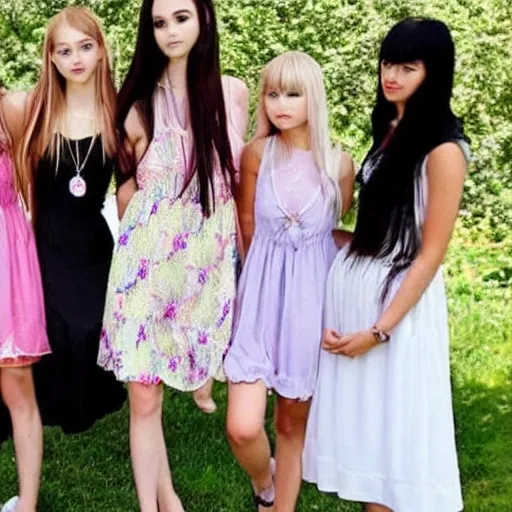 5 girls in a birthday party, wearing dresses, perfect bodies and long black hairs