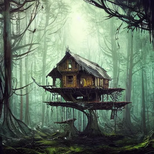 dilapidated, abandoned, broken baba yaga treehouse, in the depths of an eerie forest, tucked within the witchwood forest, overgrown, detailed intricate atmosphere, hd, 4k, digital art, concept art, by greg rutkowski, by loish, complementing colors, Trending on artstation, deviantart  beksinski, giger