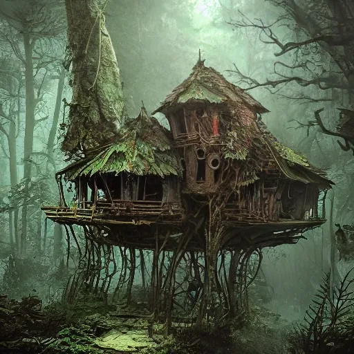 dilapidated, abandoned, broken baba yaga treehouse, in the depths of an eerie forest, tucked within the witchwood forest, overgrown, detailed intricate atmosphere, hd, 4k, digital art, concept art, by greg rutkowski, by loish, complementing colors, Trending on artstation, deviantart  beksinski, giger, Oil Painting