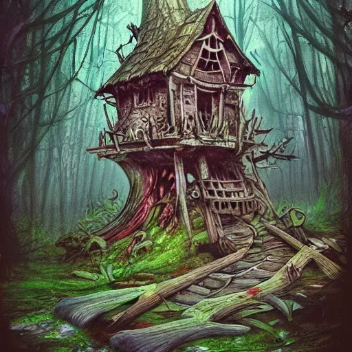 dilapidated, abandoned, broken baba yaga treehouse, in the depths of an eerie forest, tucked within the witchwood forest, overgrown, detailed intricate atmosphere, hd, 4k, digital art, concept art, by greg rutkowski, by loish, complementing colors, Trending on artstation, deviantart  beksinski, giger, Oil Painting, Pencil Sketch, Water Color, Trippy, Cartoon, 3D