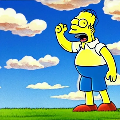 A man in a white shirt and shorts stands in the middle of a Simpsons cartoon sky. change the sky to a watercolor animation and gradually transform the man into a Simpsons cartoon., Cartoon