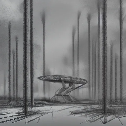 realistic Scene: industrial compound in cyberpunk style in the middle of the forest with many trees and organic looking alien ship flying in the sky, Pencil Sketch