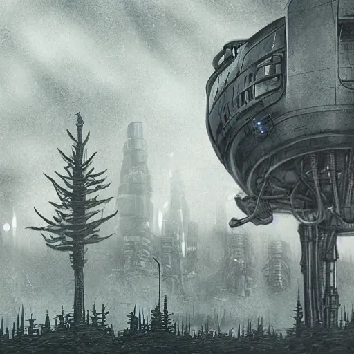 realistic Scene: industrial compound in cyberpunk style in the middle of the forest with many trees and organic looking alien ship flying in the sky, Pencil Sketch