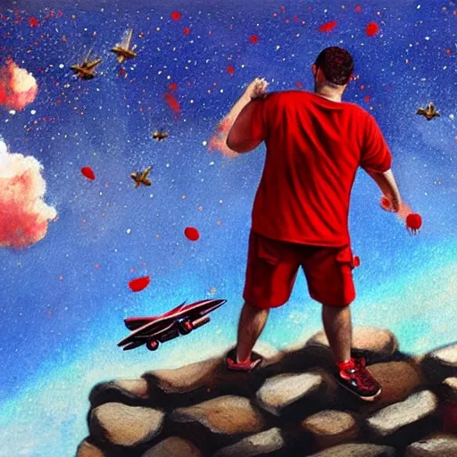 a 40-year-old man in a red t-shirt, sneakers, galactic sky, background statue of Nemesis, a plane, coins falling from the sky, Oil Painting