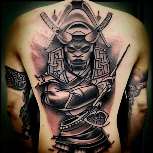 A samurai, tattoo, tattoo art, Black and grey tattoo style