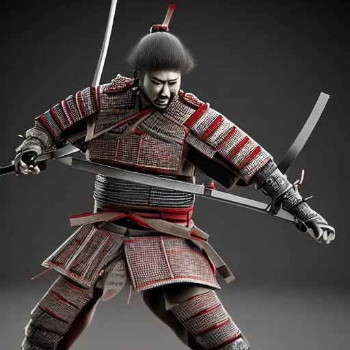 Create a highly-detailed 3D model of a samurai performing harakiri, with intricate details on his armor, clothing, and facial expression
