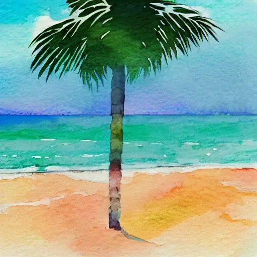 beach with palm trees on sunset
, Water Color