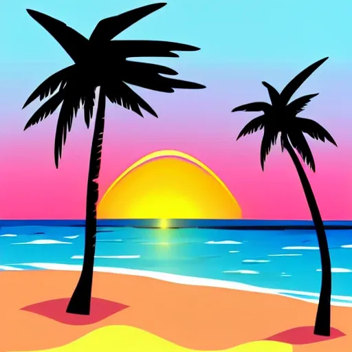beach with palm trees on sunset
, Cartoon