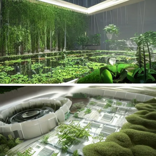 Create an image of a serene and peaceful space habitat, with plants growing in hydroponic gardens and people going about their daily lives. The scene should be filled with a sense of tranquility and contentment, as though this habitat is a little slice of home in the vastness of space., 3D