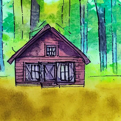 Wooden house in forest in sunny day, Water Color