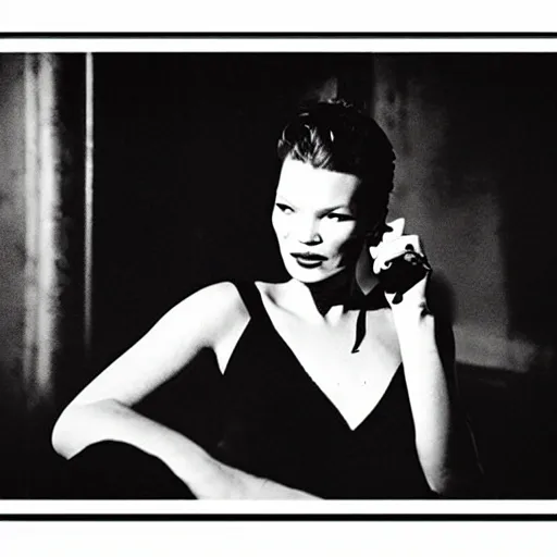 Style: Film Noir. Scene: A smoky, dimly lit jazz club. The ultra hyper realistic portrait of Kate Moss takes center stage, her face perfectly illuminated by a single spotlight. The other patrons of the club are shadows in the background, smoking cigarettes and drinking whiskey. The scene is suffused with mystery and intrigue, with the dim lighting and dramatic camera angles adding to the atmosphere of suspense.