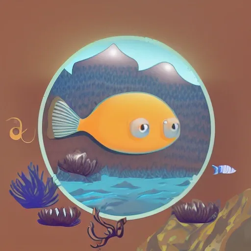 a one eye fish in deep waters, with mountains and chubby forest inside water, digital 