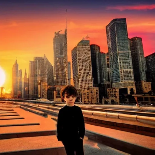 romantic boy in big city with sunset 